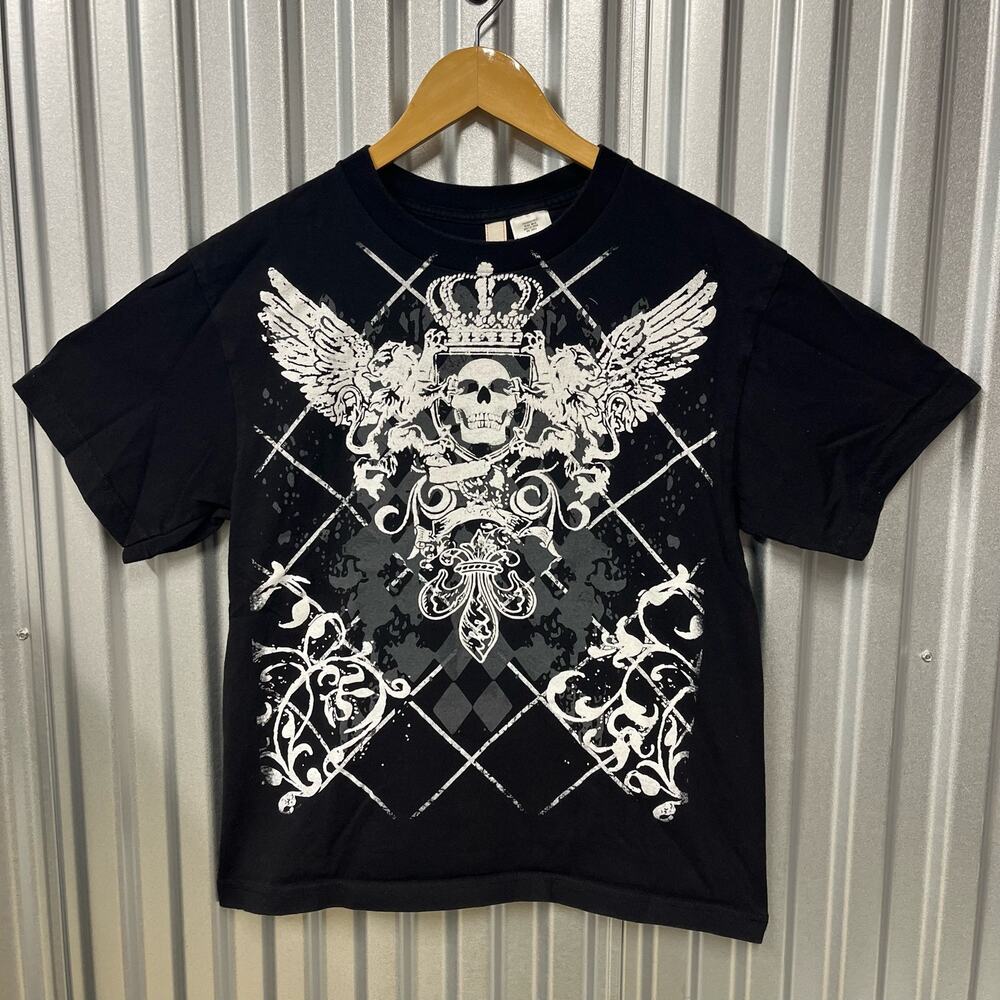VTG Cyber Y2K Skull Grunge Black Graphic T Shirt Affliction Skate Style SZ